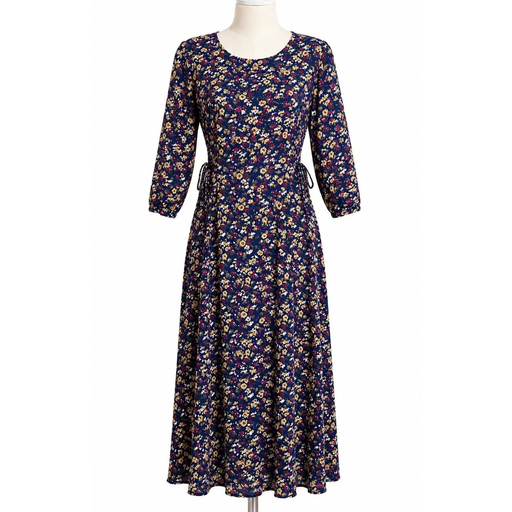 Vintage Marnie West MEDIUM Navy Blue Rayon Floral Maxi Dress Cottagecore Prairie
